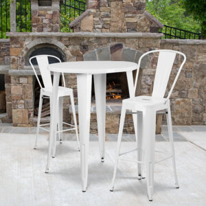 Wholesale 30'' Round White Metal Indoor-Outdoor Bar Table Set with 2 Cafe Stools
