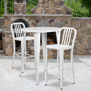 Wholesale 30'' Round White Metal Indoor-Outdoor Bar Table Set with 2 Vertical Slat Back Stools