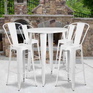 Wholesale 30'' Round White Metal Indoor-Outdoor Bar Table Set with 4 Cafe Stools