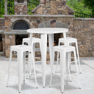 Wholesale 30'' Round White Metal Indoor-Outdoor Bar Table Set with 4 Square Seat Backless Stools