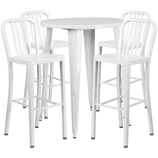 Lowest Price 30'' Round White Metal Indoor-Outdoor Bar Table Set with 4 Vertical Slat Back Stools
