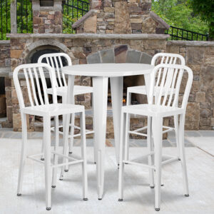 Wholesale 30'' Round White Metal Indoor-Outdoor Bar Table Set with 4 Vertical Slat Back Stools