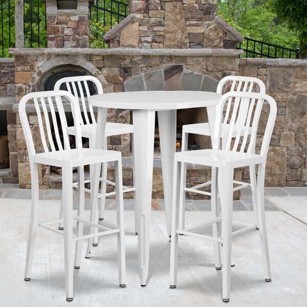 Wholesale 30'' Round White Metal Indoor-Outdoor Bar Table Set with 4 Vertical Slat Back Stools