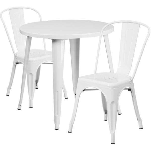 Wholesale 30'' Round White Metal Indoor-Outdoor Table Set with 2 Cafe Chairs