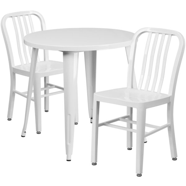 Wholesale 30'' Round White Metal Indoor-Outdoor Table Set with 2 Vertical Slat Back Chairs