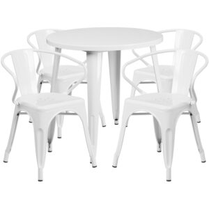Wholesale 30'' Round White Metal Indoor-Outdoor Table Set with 4 Arm Chairs