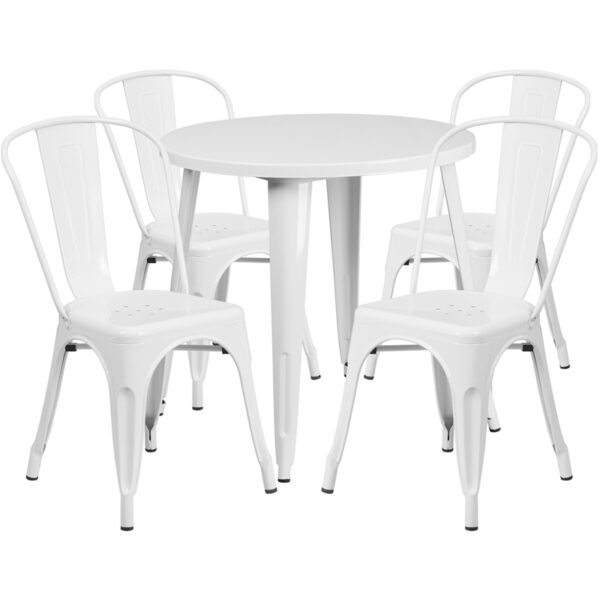 Wholesale 30'' Round White Metal Indoor-Outdoor Table Set with 4 Cafe Chairs