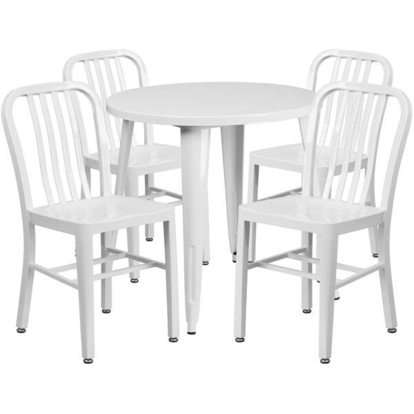 Wholesale 30'' Round White Metal Indoor-Outdoor Table Set with 4 Vertical Slat Back Chairs