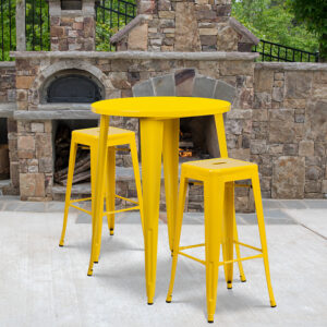 Wholesale 30'' Round Yellow Metal Indoor-Outdoor Bar Table Set with 2 Square Seat Backless Stools