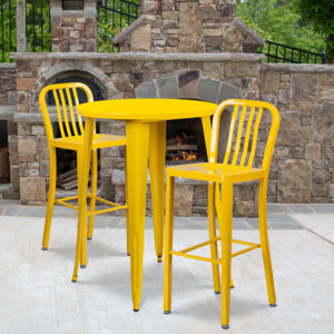 Wholesale 30'' Round Yellow Metal Indoor-Outdoor Bar Table Set with 2 Vertical Slat Back Stools