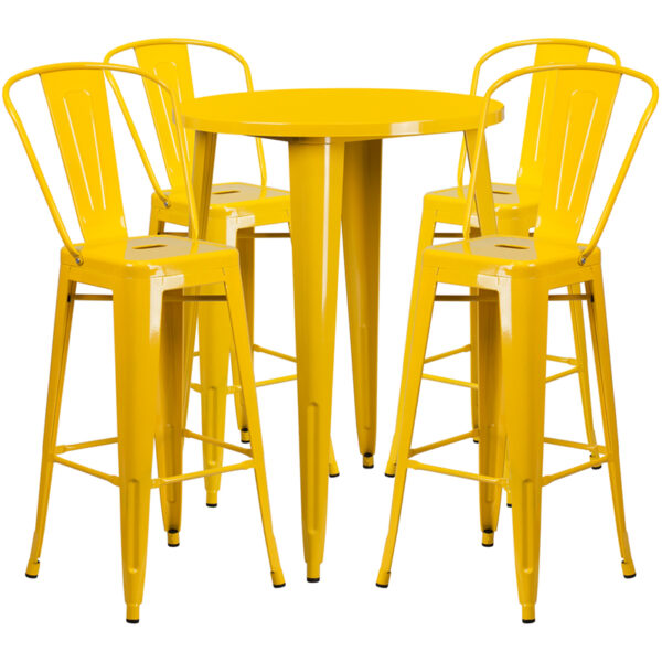 Lowest Price 30'' Round Yellow Metal Indoor-Outdoor Bar Table Set with 4 Cafe Stools