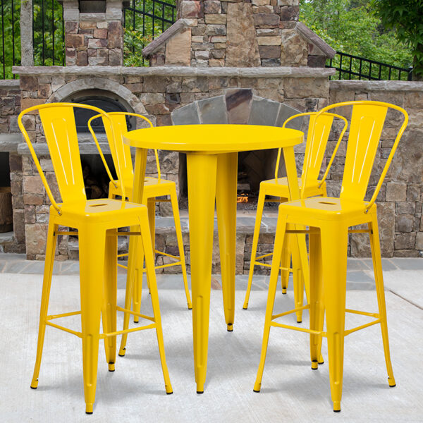 Wholesale 30'' Round Yellow Metal Indoor-Outdoor Bar Table Set with 4 Cafe Stools