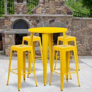 Wholesale 30'' Round Yellow Metal Indoor-Outdoor Bar Table Set with 4 Square Seat Backless Stools