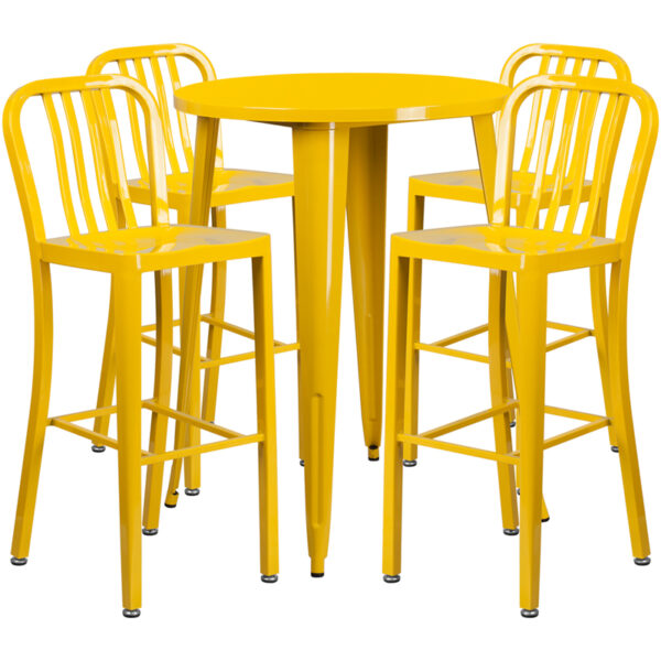 Lowest Price 30'' Round Yellow Metal Indoor-Outdoor Bar Table Set with 4 Vertical Slat Back Stools