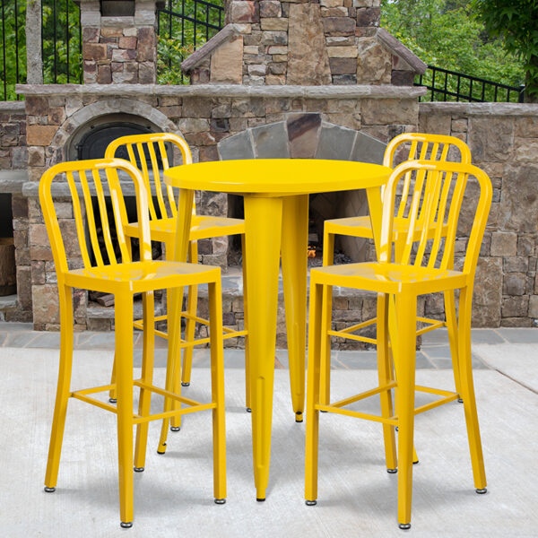 Wholesale 30'' Round Yellow Metal Indoor-Outdoor Bar Table Set with 4 Vertical Slat Back Stools