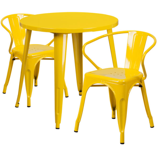 Wholesale 30'' Round Yellow Metal Indoor-Outdoor Table Set with 2 Arm Chairs