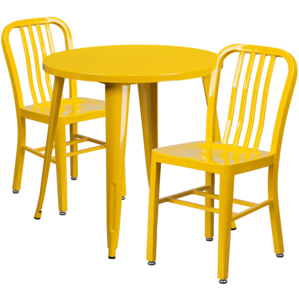 Wholesale 30'' Round Yellow Metal Indoor-Outdoor Table Set with 2 Vertical Slat Back Chairs