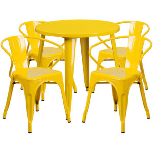 Wholesale 30'' Round Yellow Metal Indoor-Outdoor Table Set with 4 Arm Chairs