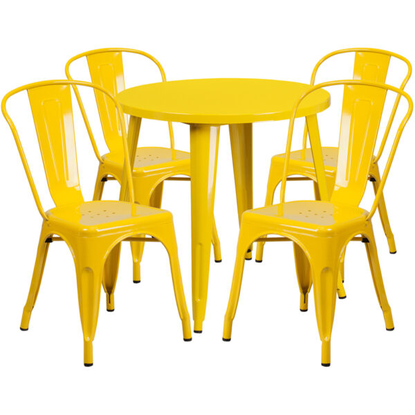 Wholesale 30'' Round Yellow Metal Indoor-Outdoor Table Set with 4 Cafe Chairs