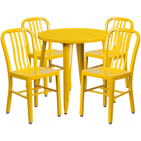 Wholesale 30'' Round Yellow Metal Indoor-Outdoor Table Set with 4 Vertical Slat Back Chairs