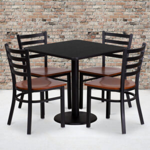 Wholesale 30'' Square Black Laminate Table Set with 4 Ladder Back Metal Chairs - Cherry Wood Seat
