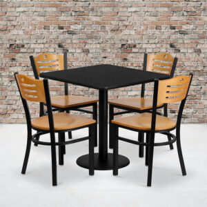 Wholesale 30'' Square Black Laminate Table Set with 4 Wood Slat Back Metal Chairs - Natural Wood Seat