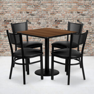 Wholesale 30'' Square Walnut Laminate Table Set with 4 Grid Back Metal Chairs - Black Vinyl Seat