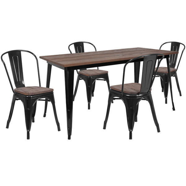 Wholesale 30.25" x 60" Black Metal Table Set with Wood Top and 4 Stack Chairs