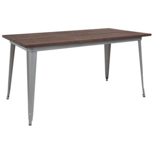 Wholesale 30.25" x 60" Rectangular Silver Metal Indoor Table with Walnut Rustic Wood Top