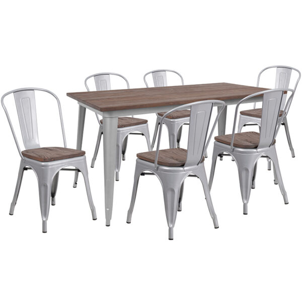 Wholesale 30.25" x 60" Silver Metal Table Set with Wood Top and 6 Stack Chairs