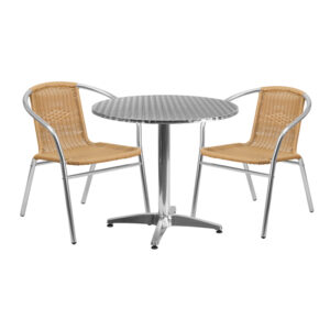 Wholesale 31.5'' Round Aluminum Indoor-Outdoor Table Set with 2 Beige Rattan Chairs