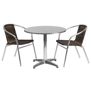 Wholesale 31.5'' Round Aluminum Indoor-Outdoor Table Set with 2 Dark Brown Rattan Chairs