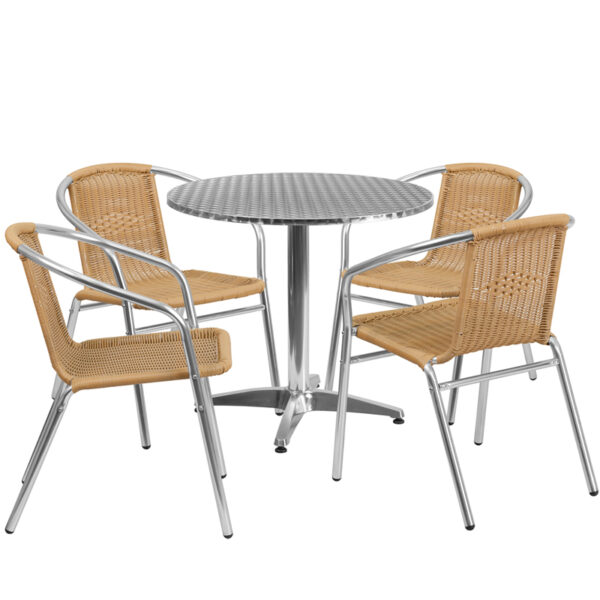 Wholesale 31.5'' Round Aluminum Indoor-Outdoor Table Set with 4 Beige Rattan Chairs