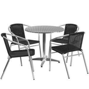 Wholesale 31.5'' Round Aluminum Indoor-Outdoor Table Set with 4 Black Rattan Chairs