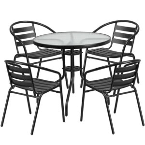 Wholesale 31.5'' Round Glass Metal Table with 4 Black Metal Aluminum Slat Stack Chairs