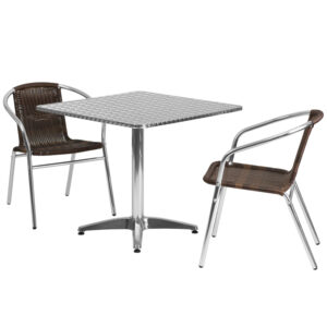 Wholesale 31.5'' Square Aluminum Indoor-Outdoor Table Set with 2 Dark Brown Rattan Chairs