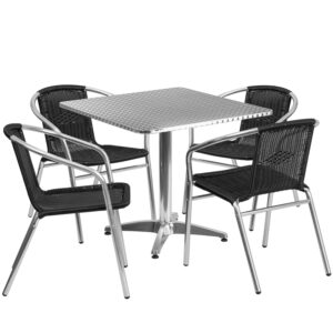 Wholesale 31.5'' Square Aluminum Indoor-Outdoor Table Set with 4 Black Rattan Chairs