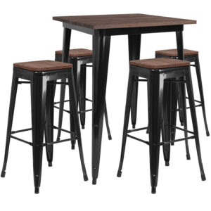 Wholesale 31.5" Square Black Metal Bar Table Set with Wood Top and 4 Backless Stools