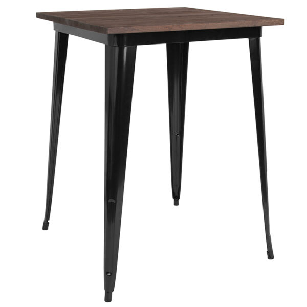Wholesale 31.5" Square Black Metal Indoor Bar Height Table with Walnut Rustic Wood Top