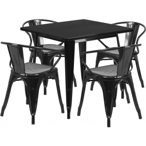 Wholesale 31.5'' Square Black Metal Indoor-Outdoor Table Set with 4 Arm Chairs