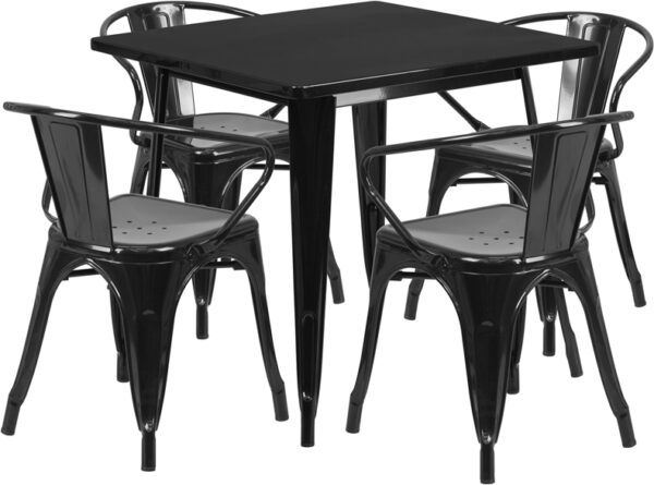 Wholesale 31.5'' Square Black Metal Indoor-Outdoor Table Set with 4 Arm Chairs