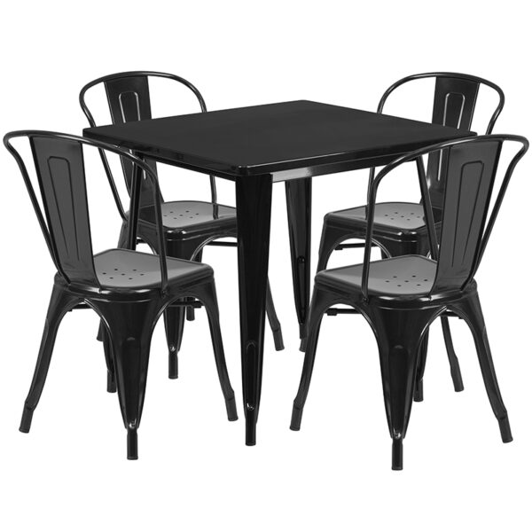 Lowest Price 31.5'' Square Black Metal Indoor-Outdoor Table Set with 4 Stack Chairs