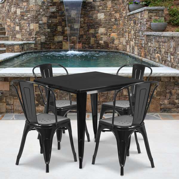 Wholesale 31.5'' Square Black Metal Indoor-Outdoor Table Set with 4 Stack Chairs