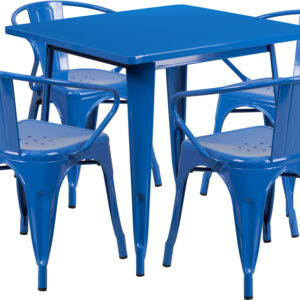 Wholesale 31.5'' Square Blue Metal Indoor-Outdoor Table Set with 4 Arm Chairs