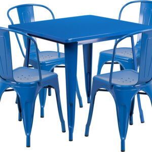 Wholesale 31.5'' Square Blue Metal Indoor-Outdoor Table Set with 4 Stack Chairs