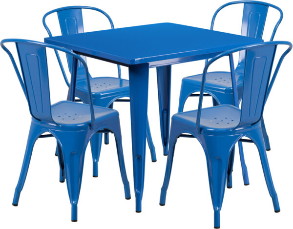 Wholesale 31.5'' Square Blue Metal Indoor-Outdoor Table Set with 4 Stack Chairs