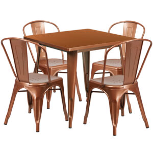 Wholesale 31.5'' Square Copper Metal Indoor-Outdoor Table Set with 4 Stack Chairs
