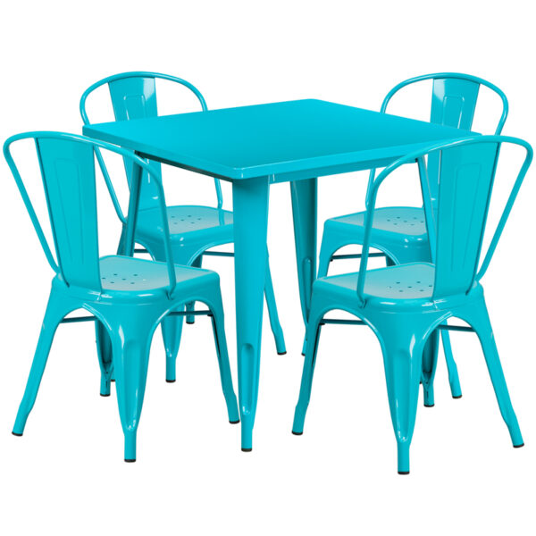 Wholesale 31.5'' Square Crystal Teal-Blue Metal Indoor-Outdoor Table Set with 4 Stack Chairs
