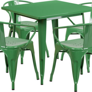 Wholesale 31.5'' Square Green Metal Indoor-Outdoor Table Set with 4 Arm Chairs