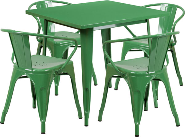 Wholesale 31.5'' Square Green Metal Indoor-Outdoor Table Set with 4 Arm Chairs